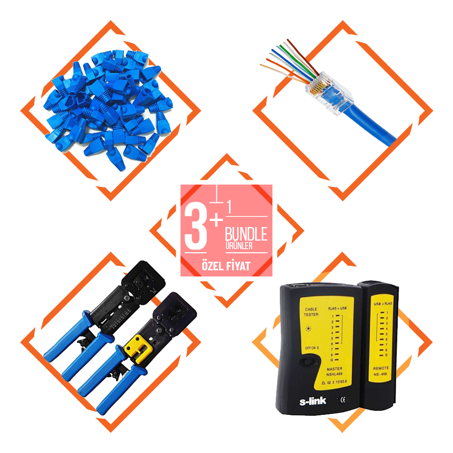 [BUNDLE-RJ45-PENSE-KONN-TC] BUNDLE Yeni Nesil RJ45 Konnektör + Kılıf + Yeni Nesil Pense + Test Cihazı